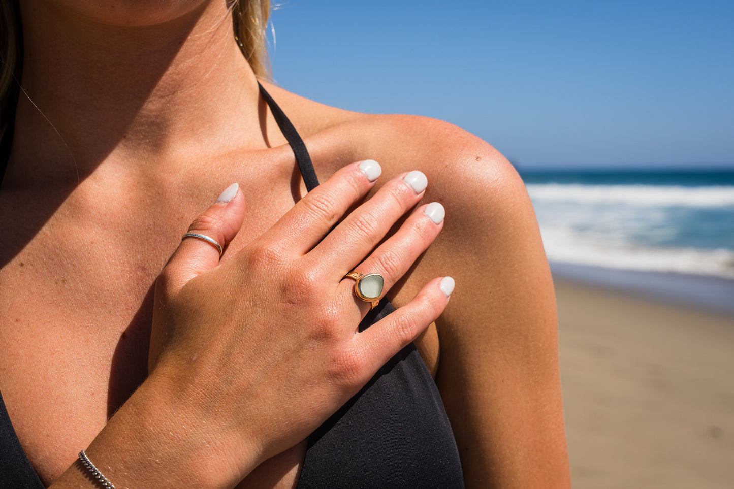 Gold Wave Stamped Sea Glass Ring SIZE 6.5