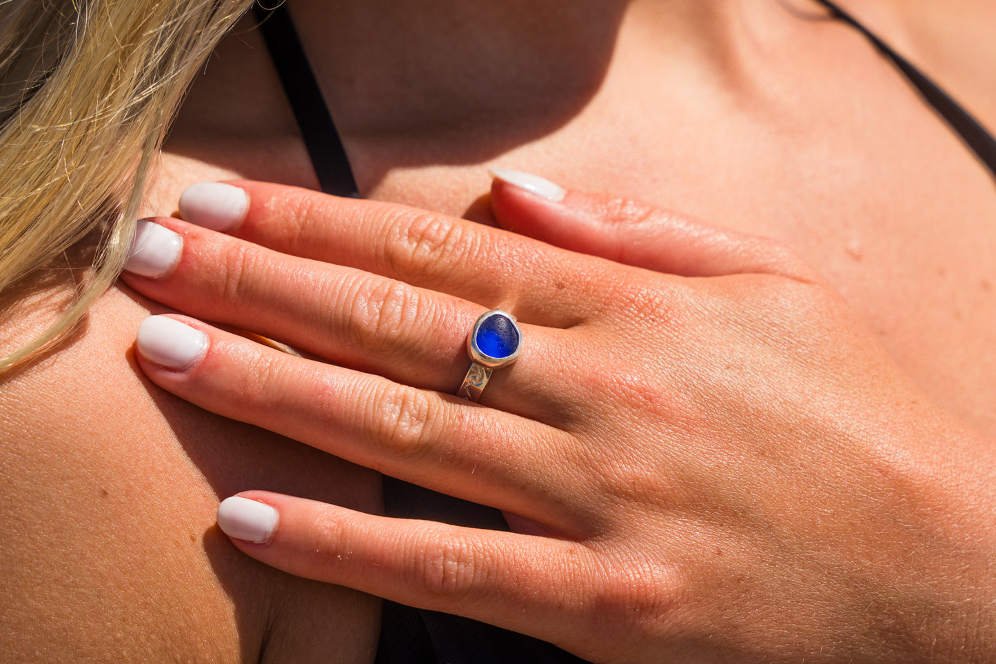 Textured Blue SeaGlass Ring SIZE 8