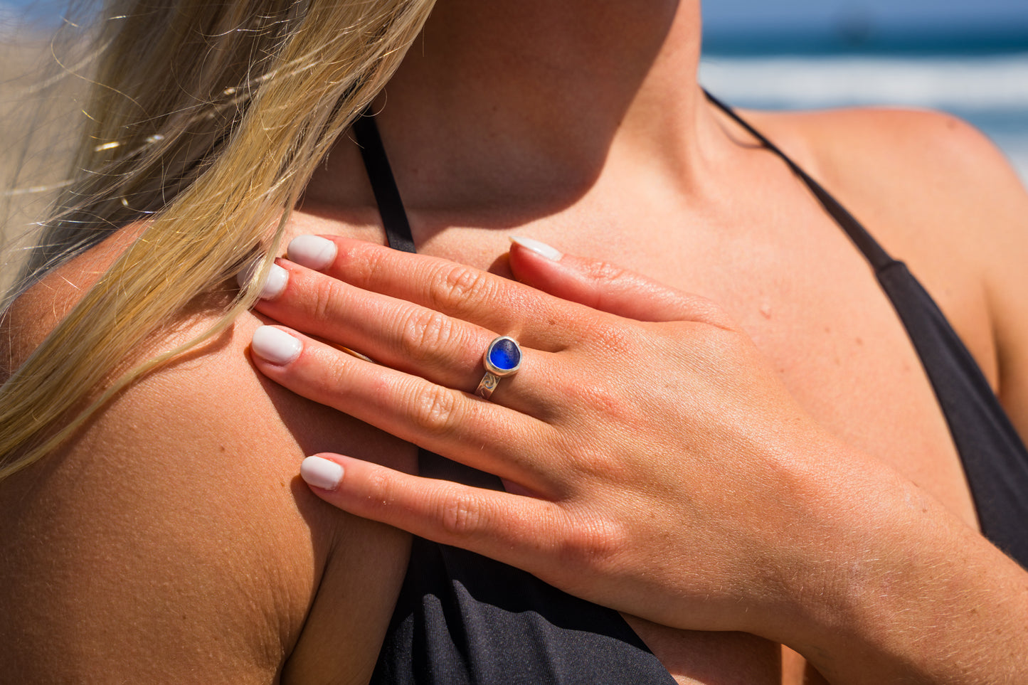 Textured Blue SeaGlass Ring SIZE 8