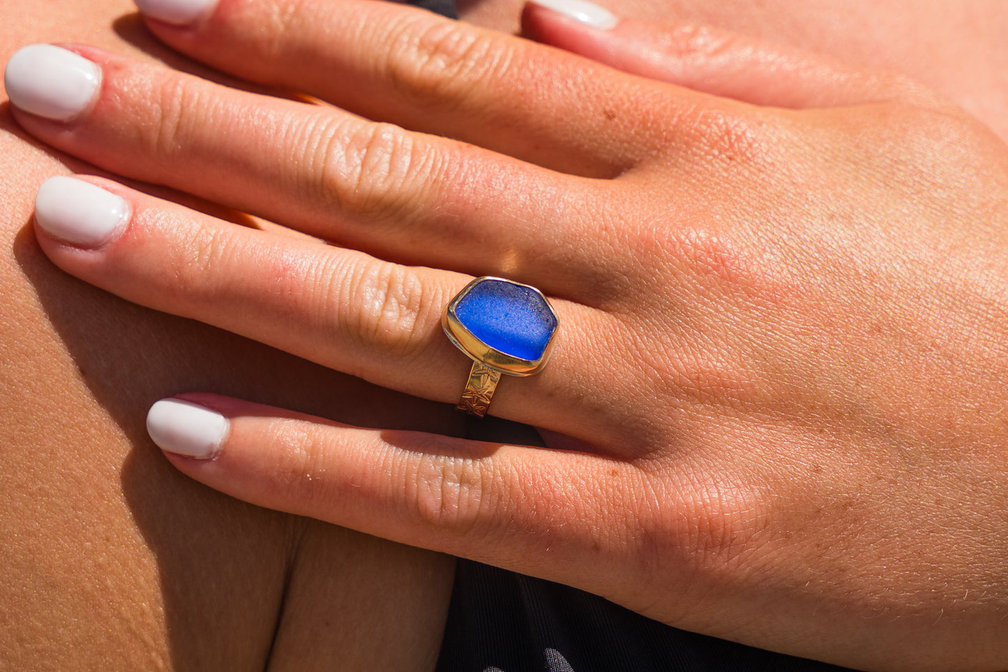 Gold Star fish Stamped Sea Glass Ring SIZE 6