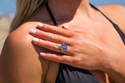 Gold Star fish Stamped Sea Glass Ring SIZE 6