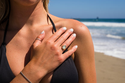 Gold Wave Stamped Sea Glass Ring SIZE 6.5